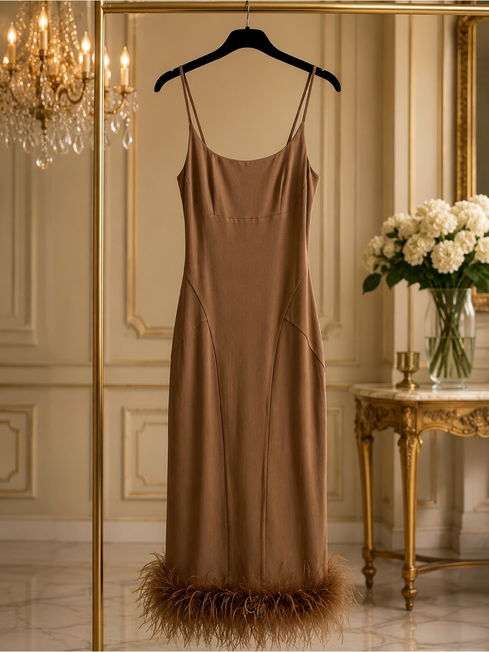 Sleeveless Brown Slip Dress with Feather Hem